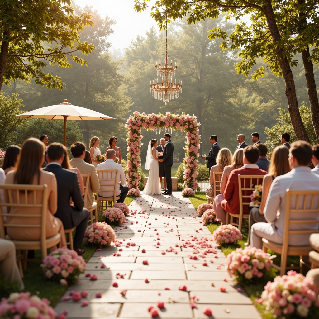 Prompt: Vibrant wedding ceremony, pastel-colored flowers, delicate lace details, sparkling crystal chandeliers, luxurious velvet fabrics, soft golden lighting, intimate gathering, warm beige tones, elegant typography, whimsical watercolor textures, playful confetti elements, joyful celebratory atmosphere, shallow depth of field, 1/2 composition, romantic warm colors, natural outdoor setting.