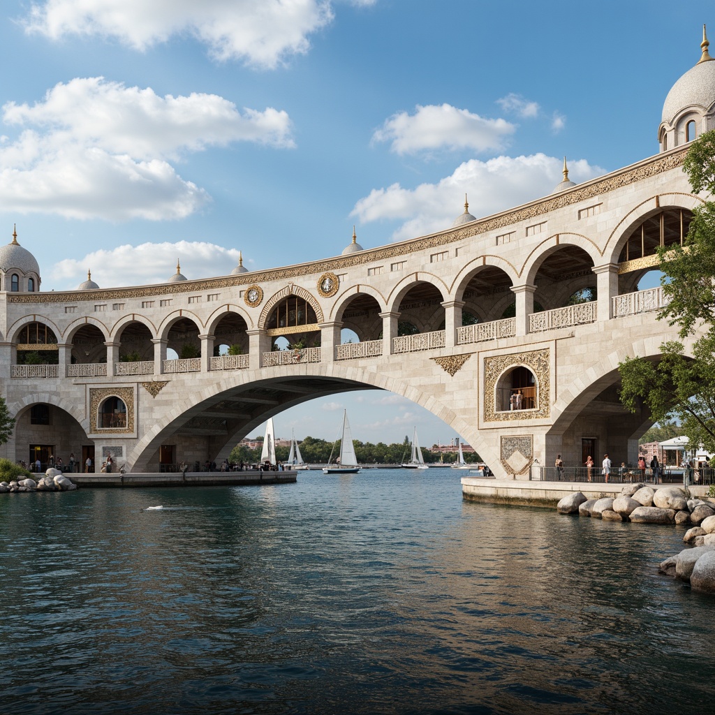 Prompt: Majestic waterfront, Byzantine-style bridge architecture, ornate stone carvings, grand arches, majestic domes, intricate mosaics, golden accents, serene water reflections, sailboats, seagulls, cloudy blue sky, warm sunny day, soft natural lighting, shallow depth of field, 1/2 composition, symmetrical framing, realistic textures, ambient occlusion.