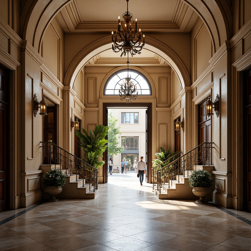 Prompt: Grand entrance, ornate doorways, lavish foyers, polished marble floors, elegant chandeliers, sweeping staircases, luxurious materials, metallic accents, sophisticated color schemes, refined textures, intricate moldings, imposing columns, dramatic arches, grandiose proportions, majestic scale, daytime natural light, soft warm illumination, shallow depth of field, 3/4 composition, realistic reflections.