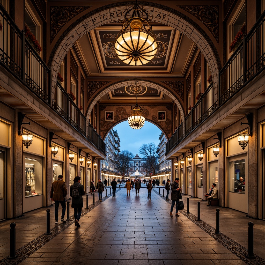 Prompt: Intricate tram station, ornate metalwork, Victorian-era inspired design, grand archways, detailed stonework, richly patterned ceramic tiles, elegant chandeliers, decorative iron railings, ornamental clock towers, vibrant cityscape, bustling pedestrian traffic, warm artificial lighting, shallow depth of field, 3/4 composition, realistic textures, ambient occlusion.