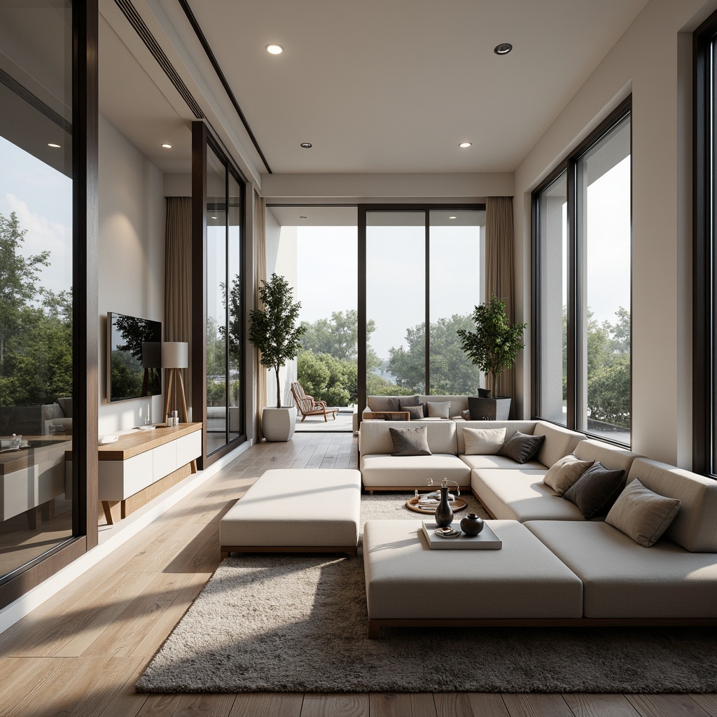 Prompt: Modern minimalist interior, sleek lines, monochromatic color scheme, functional furniture, compact storage solutions, ergonomic design, intuitive navigation, ample natural light, floor-to-ceiling windows, sliding glass doors, open-plan living area, comfortable seating, subtle textures, warm ambient lighting, shallow depth of field, 1/1 composition, realistic render.