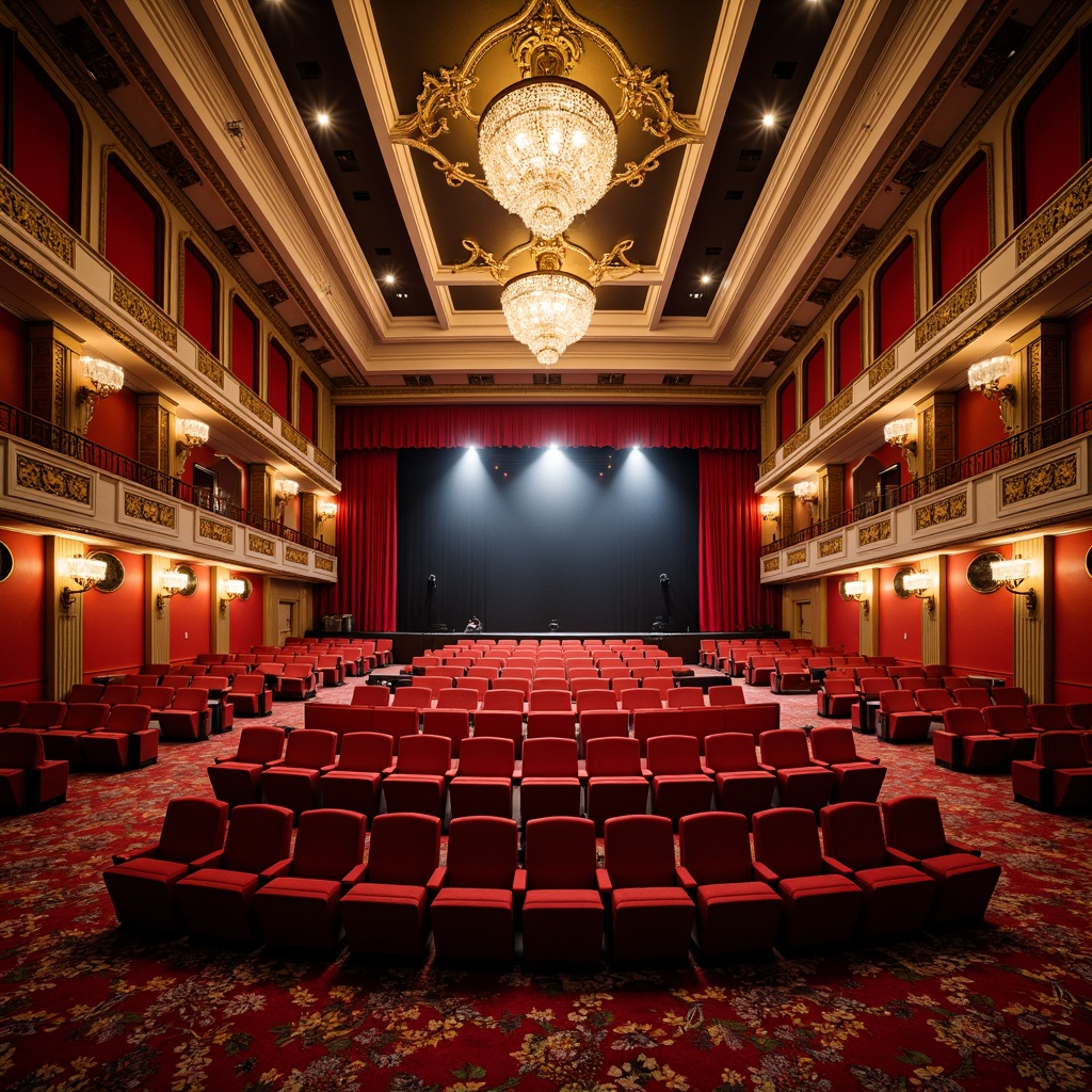 Prompt: Vibrant auditorium interior, rich velvet seats, luxurious carpets, ornate chandeliers, majestic stage curtains, warm golden lighting, dramatic spotlights, high ceilings, grandiose architecture, opulent decorative accents, bold crimson red walls, deep navy blue upholstery, metallic silver fixtures, lavish gold details, sophisticated neutral tones, ambient soft glow, 1/2 composition, cinematic atmosphere, realistic reflections.