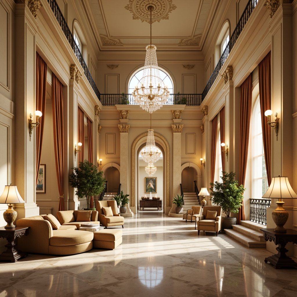 Prompt: Elegant neoclassical interior, ornate moldings, crystal chandeliers, sconce lighting, floor lamps, table lamps, warm golden glow, soft diffused light, high ceilings, grand staircases, marble floors, velvet drapes, luxurious furniture, intricate carvings, classical columns, archways, symmetrical compositions, warm beige tones, creamy whites, rich wood accents, subtle shading, 1/2 composition, soft focus, realistic reflections.