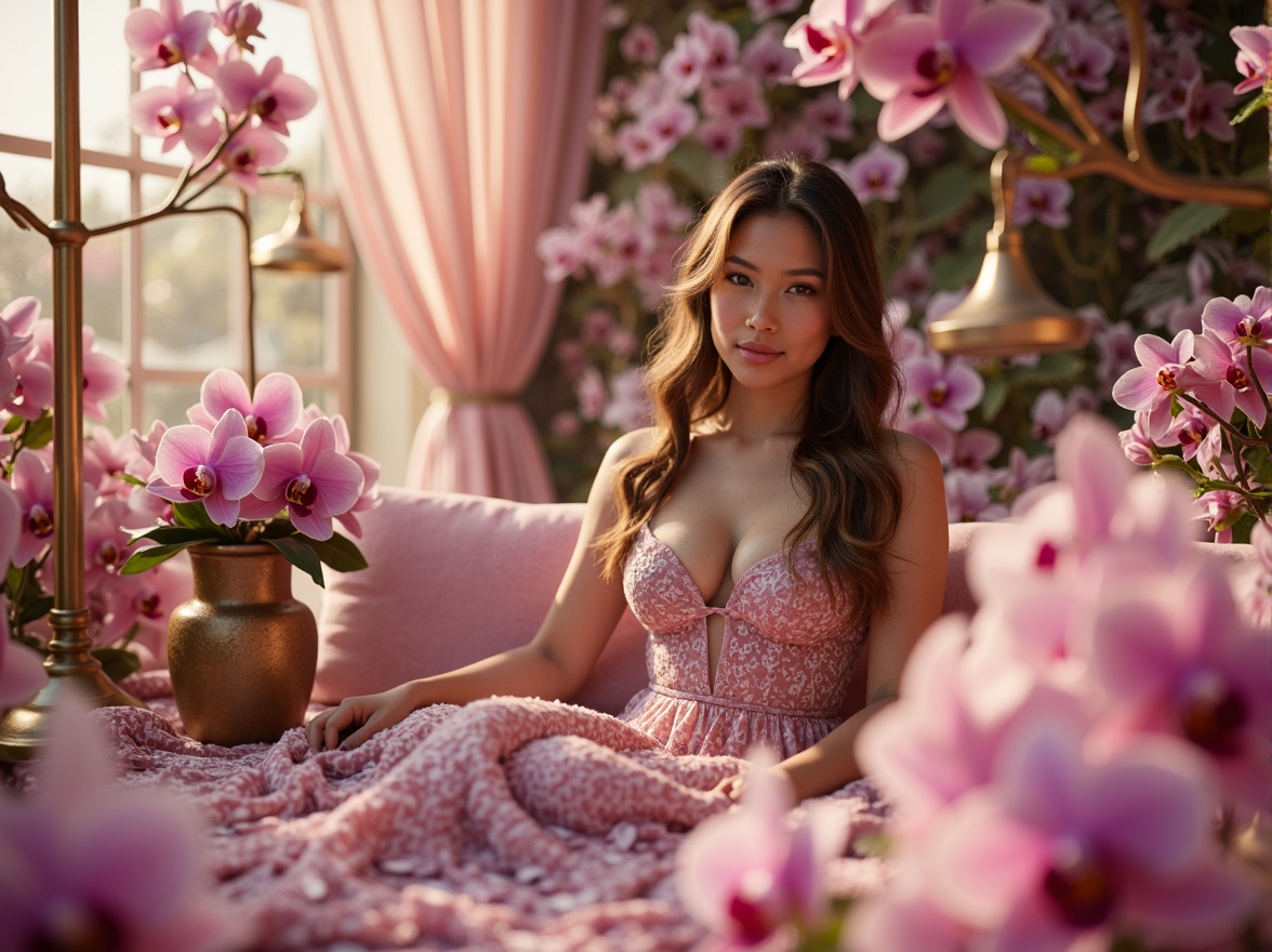 Prompt: Exotic orchid-inspired setting, soft pastel hues, delicate petal-like textures, iridescent sheen, luxurious velvet fabrics, ornate metal accents, whimsical florals, dreamy ambiance, warm golden lighting, shallow depth of field, 1/1 composition, intimate portrait view, realistic skin tones, subtle color gradients.