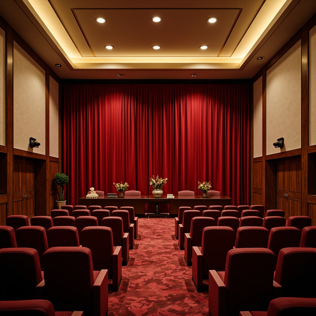 Prompt: Vibrant red velvet curtains, luxurious golden lighting fixtures, dark wood paneling, sleek metal accents, comfortable theater seating, rich burgundy carpets, elegant cream walls, subtle beige ceilings, dramatic spotlights, warm ambient glow, 1/2 composition, cinematic atmosphere, realistic fabric textures, soft shadow effects.