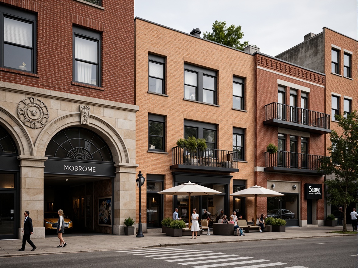 Prompt: Urban cityscape, historic brick buildings, ornate facades, textured stone walls, decorative archways, grand entrance gates, intricate masonry patterns, earthy color palette, industrial-era architecture, revitalized urban spaces, modern amenities, vibrant street art, bustling sidewalks, pedestrian-friendly infrastructure, soft warm lighting, shallow depth of field, 1/1 composition, realistic textures, ambient occlusion.