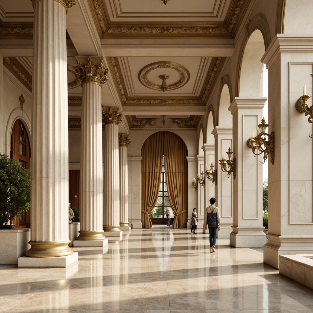 Prompt: Majestic columns, ornate details, symmetrical facade, neutral beige walls, rich golden accents, soft cream marble, elegant bronze fixtures, lavish velvet drapes, refined wood paneling, subtle eggshell patterns, warm candlelight, shallow depth of field, 1/2 composition, realistic textures, ambient occlusion, serene atmosphere, classical proportions, harmonious balance.