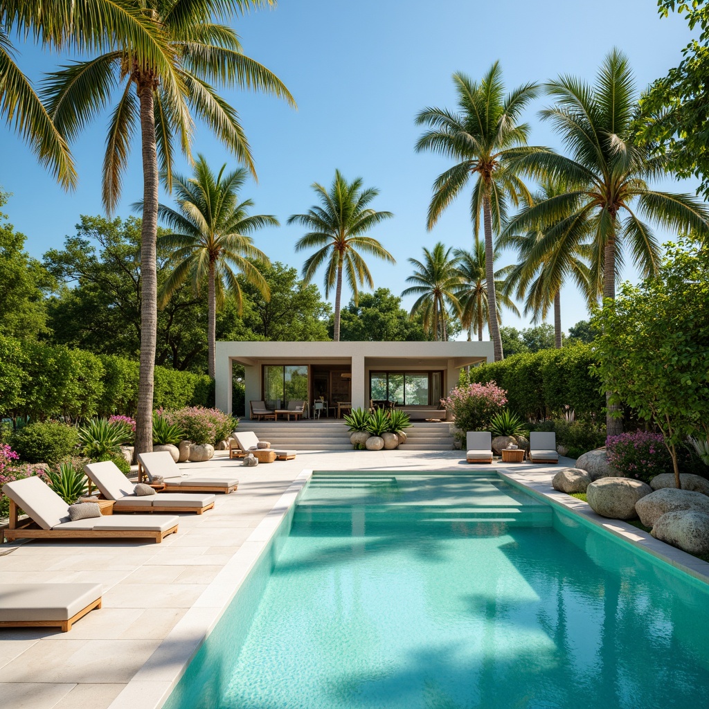 Prompt: Vibrant turquoise pool water, creamy white pool decking, lush green tropical landscaping, natural stone accents, sleek modern pool furniture, sunny day, soft warm lighting, shallow depth of field, 3/4 composition, panoramic view, realistic textures, ambient occlusion.