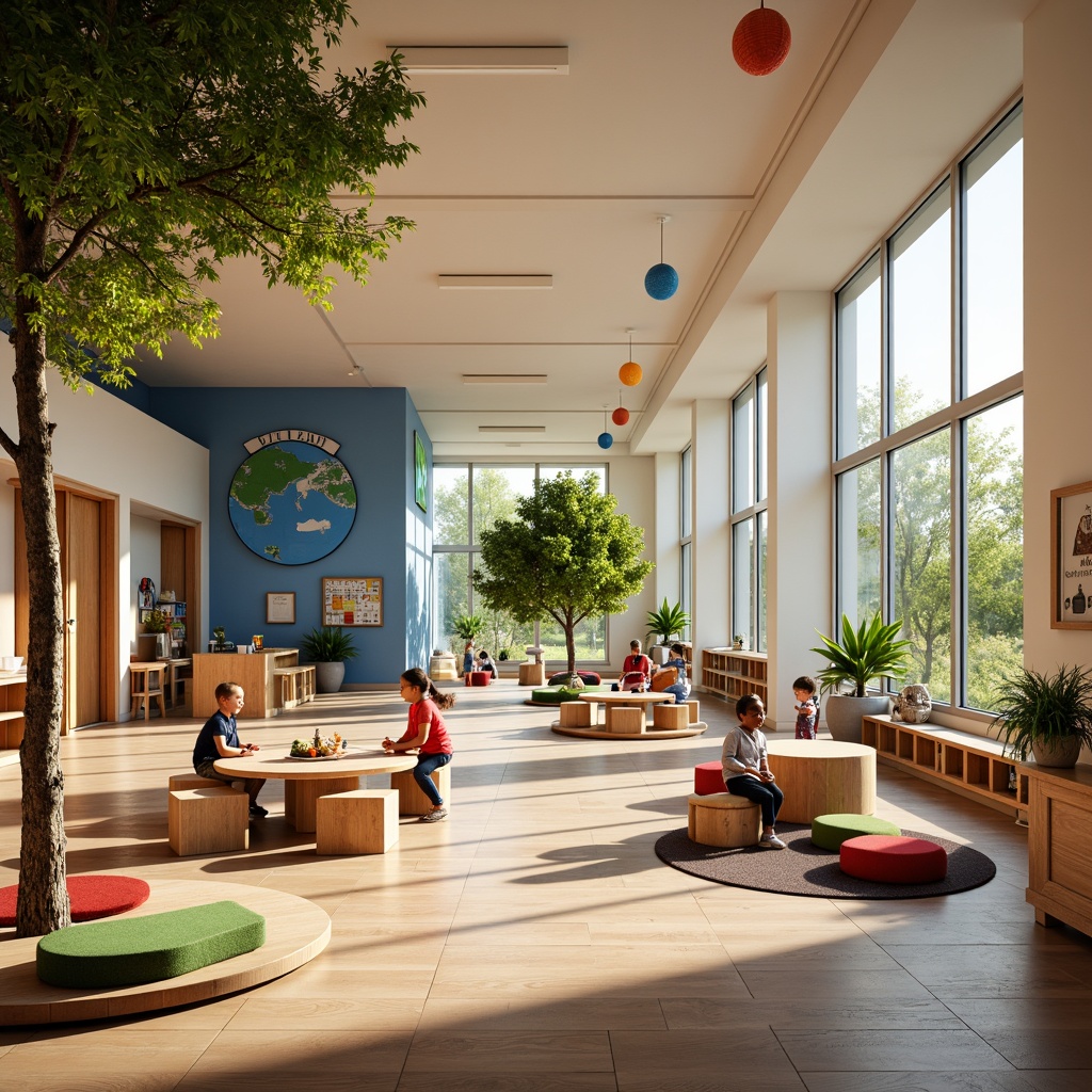 Prompt: Vibrant kindergarten, large windows, natural light, colorful walls, playful decorations, educational toys, soft cushions, wooden floors, modern architecture, open classrooms, collaborative learning spaces, circular tables, tiny chairs, curious children, blooming plants, sunny day, warm lighting, shallow depth of field, 3/4 composition, panoramic view, realistic textures, ambient occlusion.