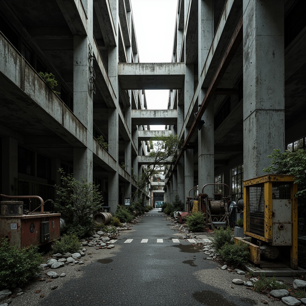 Prompt: Abandoned industrial site, rugged concrete structures, brutalist architecture, exposed ductwork, raw metal beams, distressed finishes, urban decay, overgrown vegetation, broken asphalt pavement, rusted machinery, worn-out cargo containers, dimly lit atmosphere, dramatic shadows, high-contrast lighting, cinematic composition, shallow depth of field, 2/3 aspect ratio, gritty textures, realistic weathering effects.