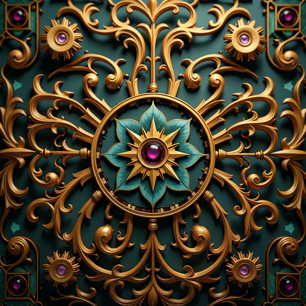 Prompt: Intricate Art Nouveau designs, ornate metalwork, flowing organic lines, curvaceous shapes, soft warm lighting, jewel-toned colors, emerald green, sapphire blue, amethyst purple, golden yellows, rich crimson reds, luxurious velvety textures, delicate florals, whimsical patterns, elegant typography, vintage accents, antique finishes, mystical ambiance, dreamy atmosphere, 1/1 composition, close-up shot, dramatic shadows, subtle gradations.