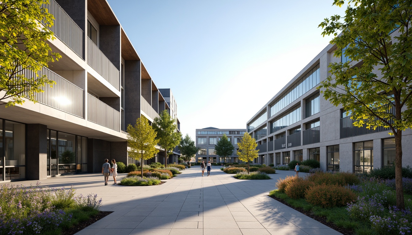 Prompt: Grand campus entrance, modern international style architecture, sleek glass facades, metallic frames, minimalist design, clean lines, neutral color palette, granite stone walls, steel beams, cantilevered roofs, large windows, transparent glass doors, vibrant greenery, blooming flowers, shaded outdoor spaces, pedestrian walkways, natural stone pavers, urban landscape, sunny day, soft warm lighting, shallow depth of field, 3/4 composition, panoramic view, realistic textures, ambient occlusion.