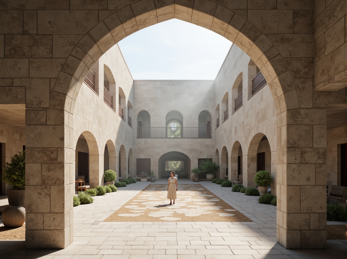 Prompt: Serene monastery courtyard, minimalist stone walls, simplified arches, clean lines, industrial materials, functional simplicity, neutral color palette, natural light pouring in, atmospheric misting, subtle texture overlays, soft ambient lighting, shallow depth of field, 3/4 composition, symmetrical framing, realistic stone textures, ambient occlusion, peaceful atmosphere.