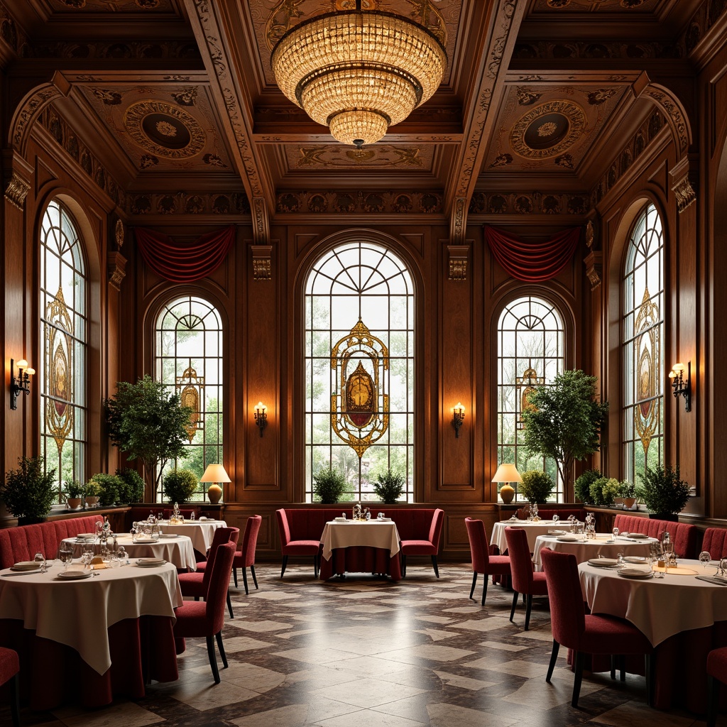 Prompt: Elegant dining hall, ornate Art Nouveau style, curved lines, flowing shapes, organic motifs, luxurious fabrics, velvet drapes, golden accents, intricate moldings, stained glass windows, crystal chandeliers, marble floors, rich wood paneling, soft warm lighting, shallow depth of field, 1/1 composition, realistic textures, ambient occlusion.