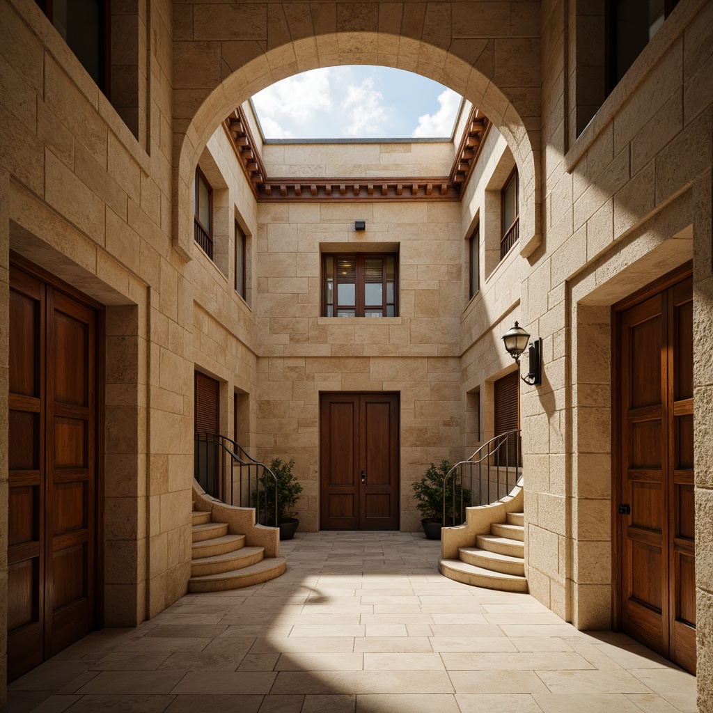 Prompt: Historic courthouse building, traditional architecture, neutral color scheme, beige stone walls, rich wood accents, elegant marble floors, ornate details, subtle patterns, natural light pouring, grand staircase, solemn atmosphere, warm golden lighting, shallow depth of field, 3/4 composition, realistic textures, ambient occlusion.