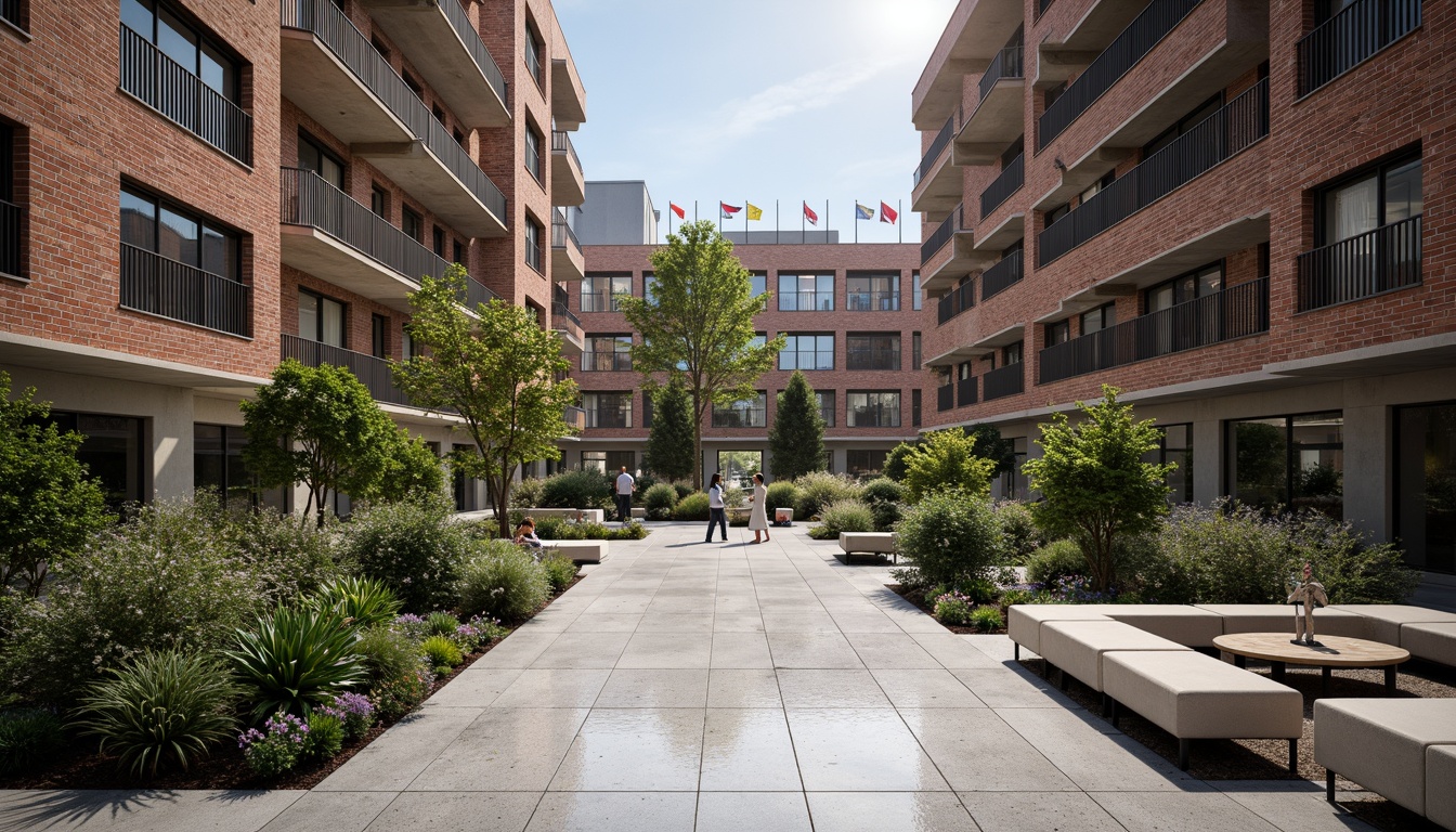 Prompt: Rustic brick walls, modern metal railings, polished granite floors, wooden benches, vibrant greenery, international flags, sleek glass facades, minimalist lines, neutral color palette, natural stone cladding, abstract sculptures, modern LED lighting, shallow depth of field, 3/4 composition, panoramic view, realistic textures, ambient occlusion.