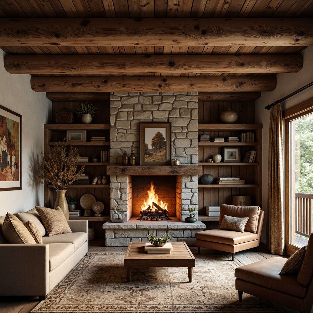 Prompt: Rustic mountain lodge, reclaimed wood accents, stone fireplace, earthy color palette, natural fabrics, woven textiles, organic patterns, wooden beams, exposed brick walls, vintage decorative items, cozy reading nooks, warm ambient lighting, soft shadows, 1/2 composition, shallow depth of field, realistic textures, subtle color grading.