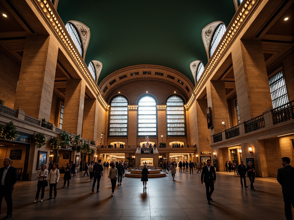 Prompt: Ornate train station, grandiose chandeliers, crystal droplets, golden accents, intricately designed lamp posts, lavish ceiling fixtures, warm soft lighting, rustic stone walls, ornamental metalwork, intricate carvings, dramatic arches, high ceilings, majestic columns, regal atmosphere, busy passenger activity, natural light pouring in, stained glass windows, symmetrical composition, warm color palette, realistic textures.