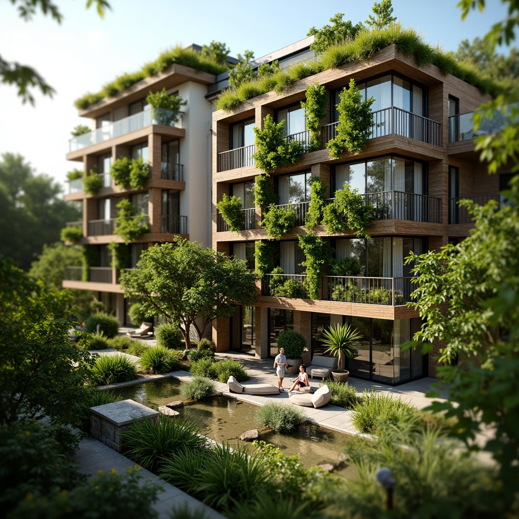 Prompt: Luxurious eco-friendly hotel, lush green roof, vertical gardens, reclaimed wood facades, solar panels, rainwater harvesting systems, energy-efficient lighting, floor-to-ceiling windows, natural ventilation, organic textiles, recycled materials, minimalist decor, serene atmosphere, warm ambient lighting, shallow depth of field, 1/2 composition, realistic reflections, vibrant tropical plants, sunny day, soft focus effect.