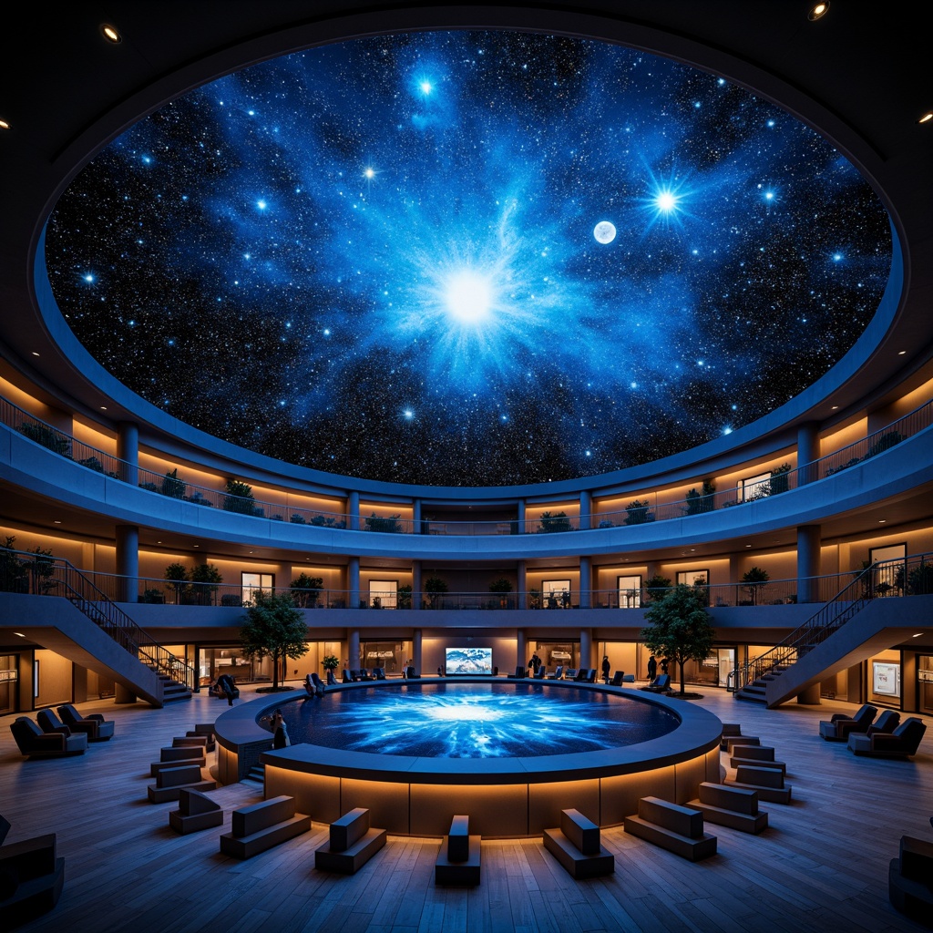 Prompt: Celestial planetarium, futuristic dome structure, starry night sky, immersive astronomical experience, advanced LED lighting systems, color-shifting nebulae effects, 3D projection mapping, surround sound audio, comfortable seating areas, interactive exhibits, space-inspired interior design, metallic accents, dark tone color scheme, ambient occlusion, soft glowing lights, realistic textures, 1/2 composition, wide-angle lens, dramatic spotlighting.