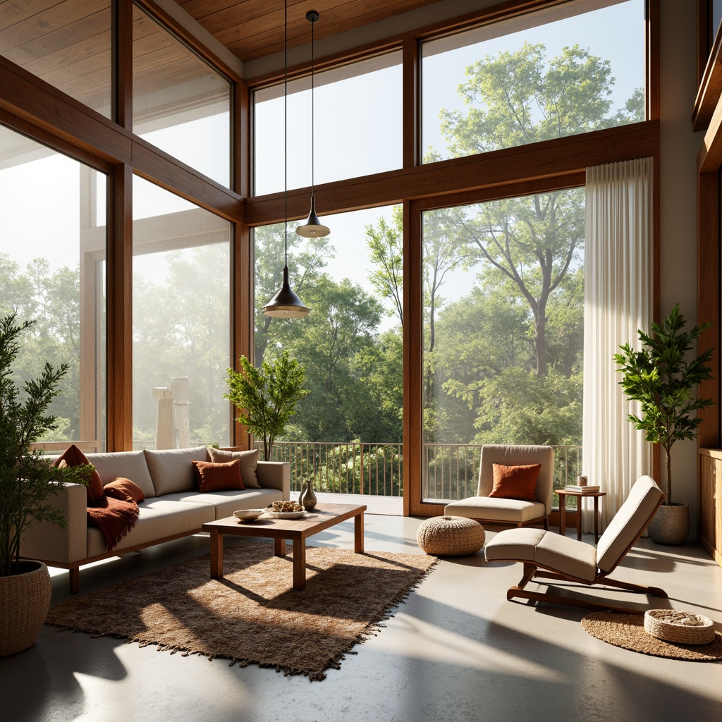 Prompt: Airy living room, floor-to-ceiling windows, sliding glass doors, natural wood accents, greenery views, soft diffused light, warm sunny day, gentle breeze, sheer white curtains, minimal decor, industrial-chic pendant lights, polished concrete floors, reclaimed wood coffee table, plush area rug, cozy reading nook, 1/1 composition, realistic textures, ambient occlusion.