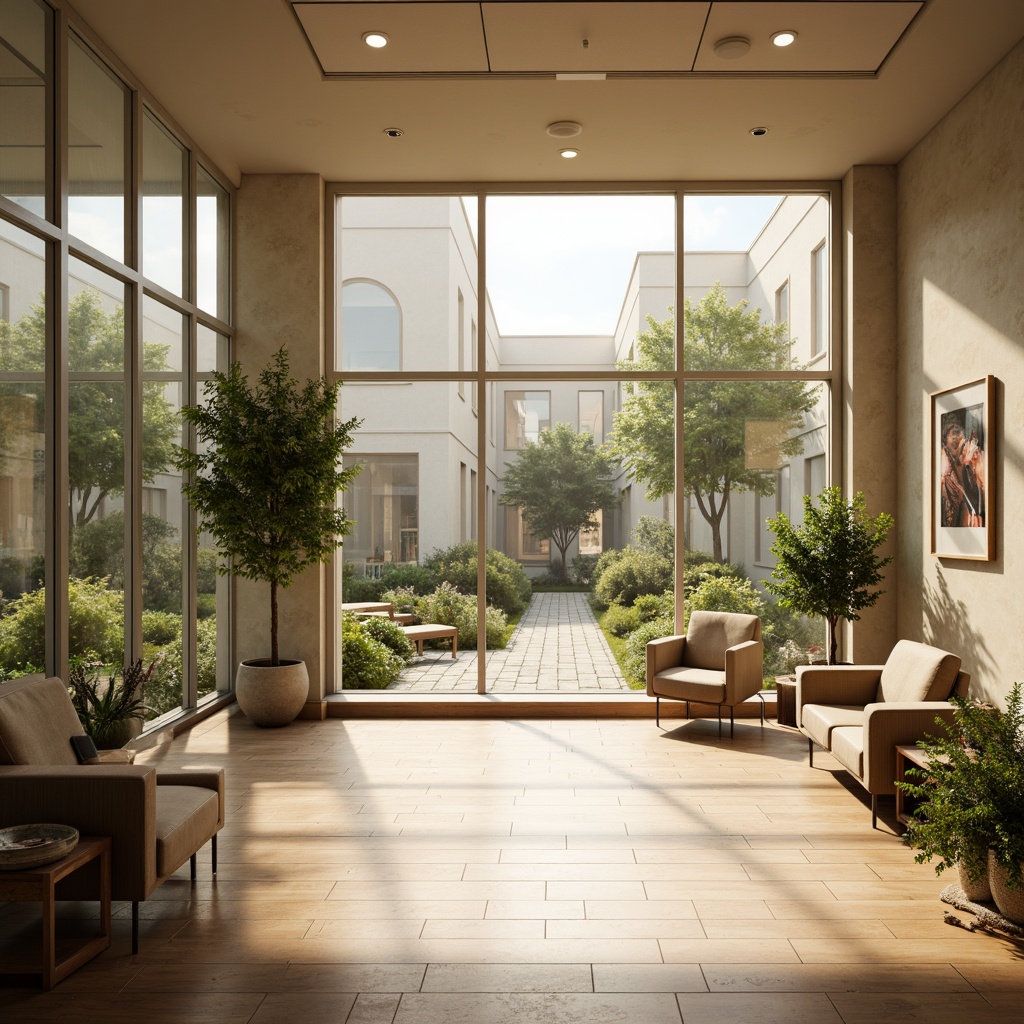 Prompt: Soothing rehabilitation center, calming natural light, floor-to-ceiling windows, gentle sunlight, serene atmosphere, comfortable seating areas, wooden flooring, pastel-colored walls, lush greenery, peaceful courtyard, warm beige tones, soft shadows, subtle texture details, shallow depth of field, 1/2 composition, realistic render, ambient occlusion.Let me know if you need any adjustments!