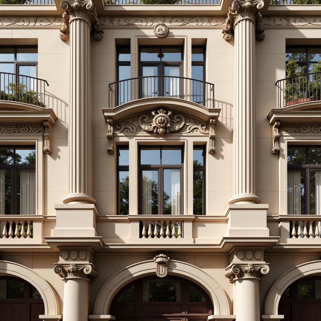 Prompt: Ornate classical facade, grandiose columns, carved stone details, symmetrical composition, ornamental moldings, rusticated base, arched windows, balconies with intricate metalwork, dentil molding, subtle color palette, soft natural lighting, warm beige tones, elegant proportions, refined architectural elements, subtle texture variations, shallow depth of field, 2/3 composition, atmospheric perspective.