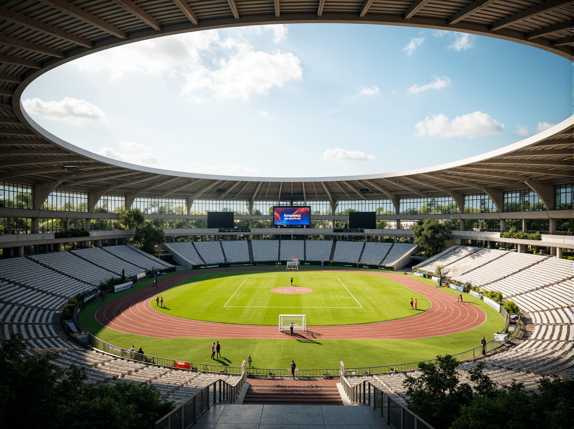 Prompt: Modern sports stadium, lush green grass, vibrant athletic tracks, professional goalposts, basketball hoops, tennis courts, spectator seating, scoreboards, digital displays, sleek metal railings, modern architecture, natural stone flooring, transparent glass walls, sunny day, soft warm lighting, shallow depth of field, 3/4 composition, panoramic view, realistic textures, ambient occlusion.