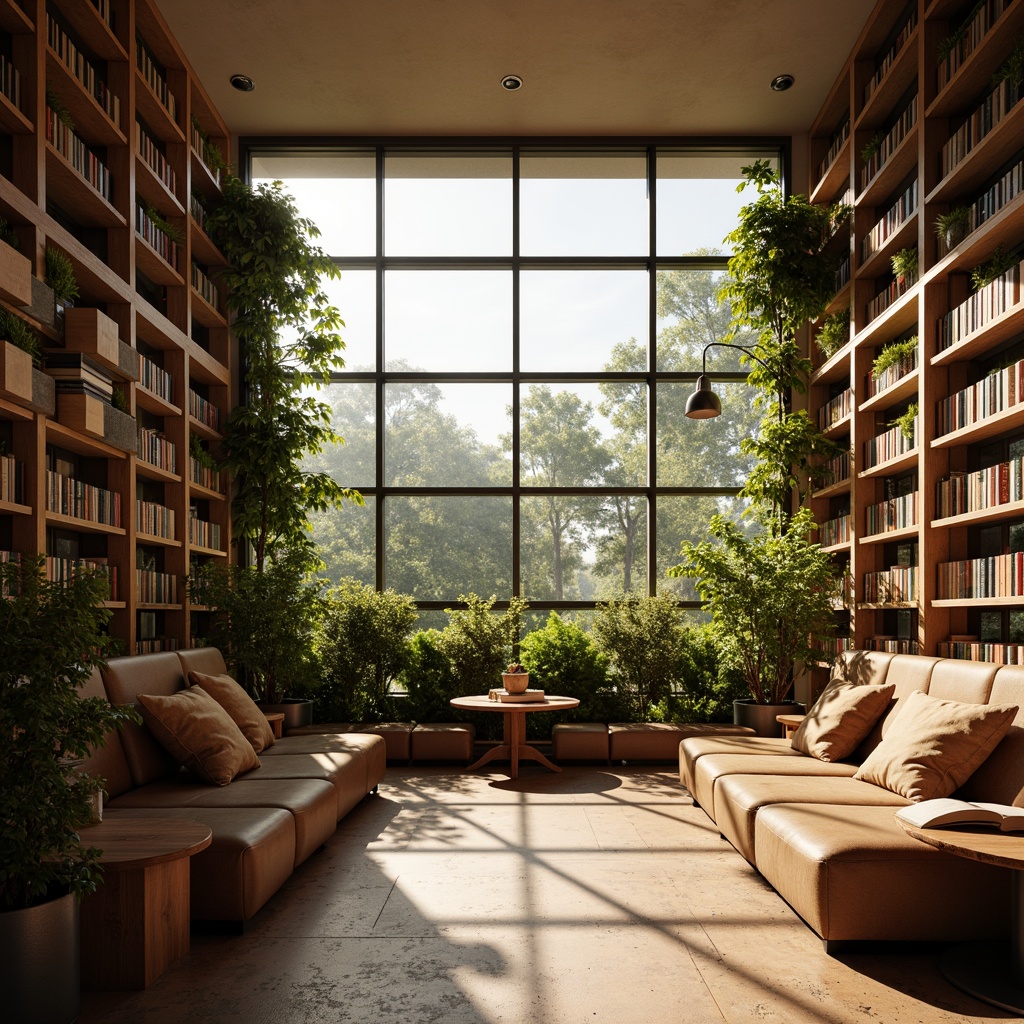 Prompt: Cozy library interior, natural light pouring through floor-to-ceiling windows, warm wood shelves, leather-bound books, comfortable reading nooks, soft cushions, wooden tables, metal lamps, warm beige tones, minimalist decor, abundant greenery, lush plants, calming atmosphere, soft warm lighting, shallow depth of field, 3/4 composition, panoramic view, realistic textures, ambient occlusion.