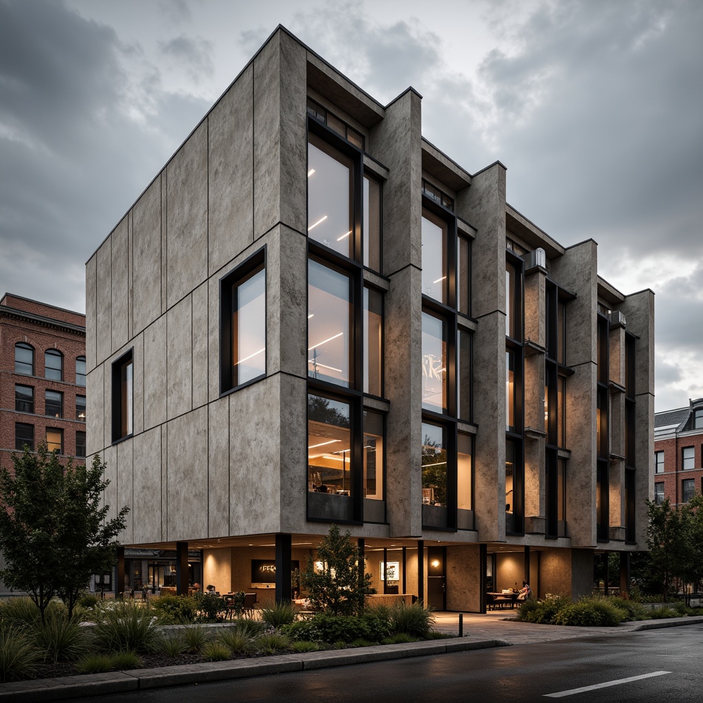 Prompt: Industrial-style building facade, fiber-cement panels, rough textures, earthy tones, modern architecture, urban landscape, cloudy sky, dramatic lighting, shallow depth of field, 1/1 composition, detailed close-up view, realistic render, ambient occlusion, subtle color grading.