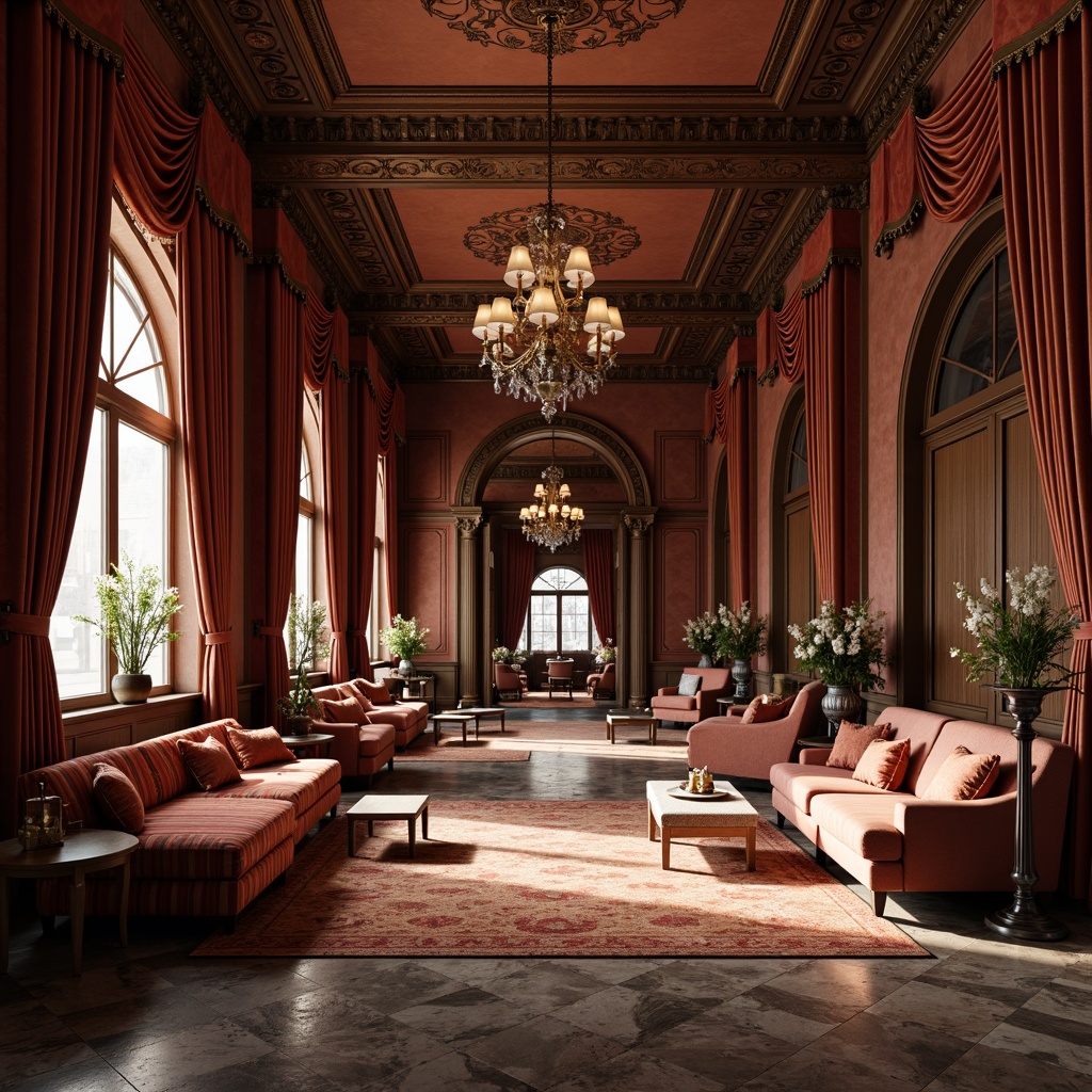 Prompt: Rich velvet fabrics, ornate patterns, luxurious drapes, classic furniture upholstery, subtle sheen, soft warm lighting, elegant chandeliers, carved wooden accents, refined marble floors, intricate moldings, sophisticated color palette, timeless designs, majestic columns, grand scale, opulent textures, subtle shading, realistic reflections, shallow depth of field, 1/1 composition, atmospheric perspective.