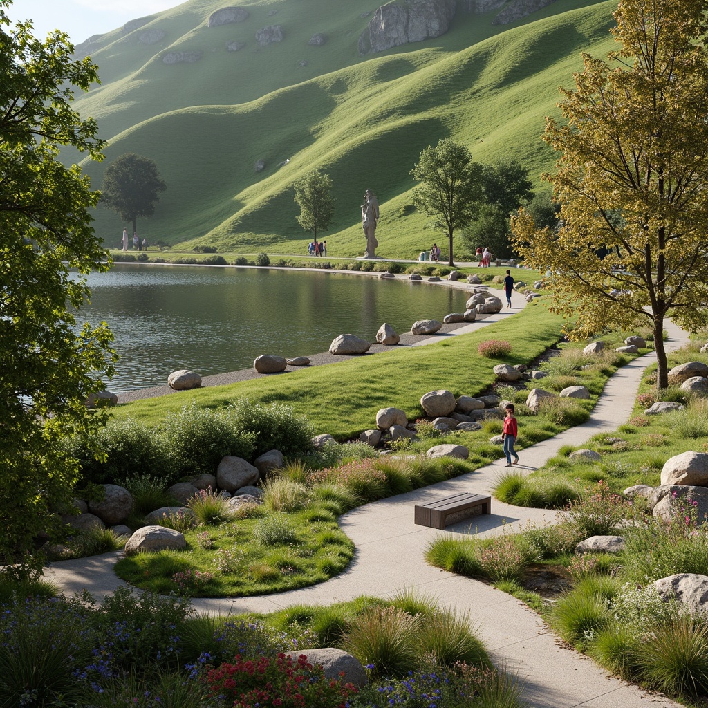 Prompt: Rolling hills, lush greenery, serene lakeside, meandering walking paths, vibrant wildflowers, ornamental trees, modern sculptures, sleek benches, harmonious water features, natural stone walls, weathered wood accents, warm earthy tones, soft diffused lighting, shallow depth of field, 3/4 composition, panoramic view, realistic textures, ambient occlusion.