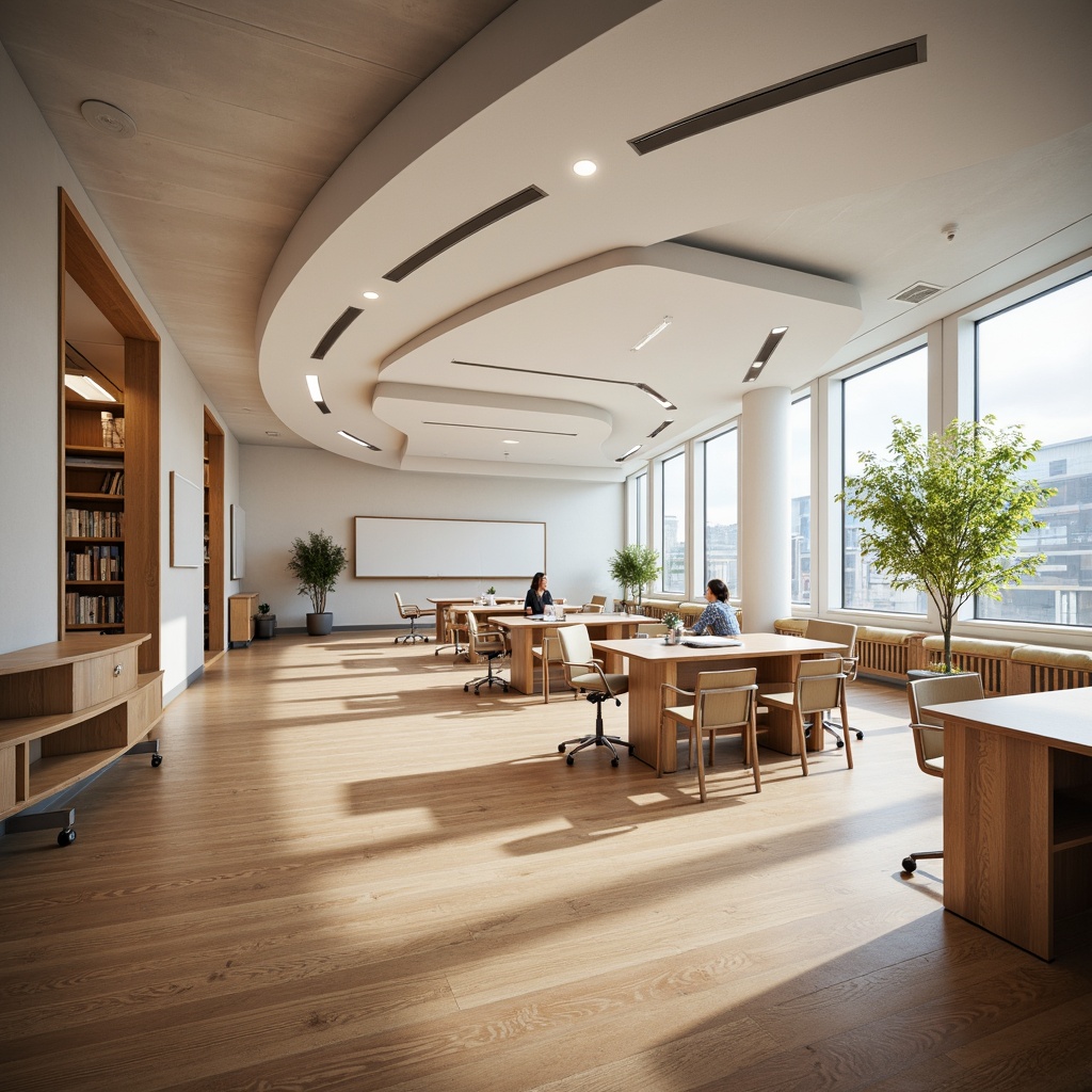 Prompt: Minimalist classrooms, abundant natural light, sleek wooden floors, ergonomic chairs, curved lines, geometric shapes, modern acoustic panels, collaborative workspaces, flexible seating arrangements, technology-integrated walls, interactive whiteboards, calming color schemes, airy corridors, open-plan libraries, cozy reading nooks, floor-to-ceiling windows, optimized circulation paths, efficient storage solutions, durable materials, subtle textures, soft warm lighting, shallow depth of field, 3/4 composition, realistic reflections.