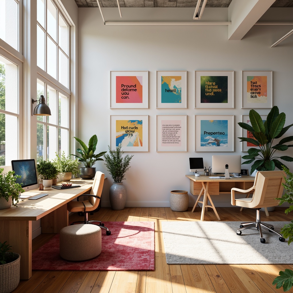 Prompt: Vibrant design studio, modern furniture, sleek computers, creative workspaces, inspirational quotes, colorful rugs, abstract artwork, geometric shapes, bold typography, pastel color scheme, soft gradient effects, natural light, airy atmosphere, minimalist decor, Scandinavian-inspired aesthetic, 3/4 composition, shallow depth of field, realistic textures, ambient occlusion.