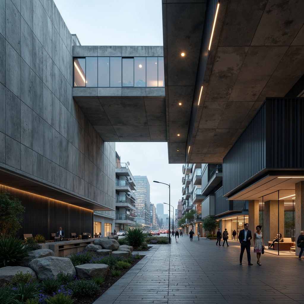 Prompt: Raw concrete walls, exposed ductwork, industrial pipes, brutalist architecture, geometric shapes, bold cantilevered roofs, dramatic overhangs, angular lines, monolithic forms, futuristic vibes, neon accent lighting, misty atmospheric effects, shallow depth of field, 1/1 composition, low-angle shot, realistic textures, ambient occlusion, urban cityscape, busy streets, pedestrians in motion, science-inspired signage, minimalist landscaping, rugged natural stone paths.