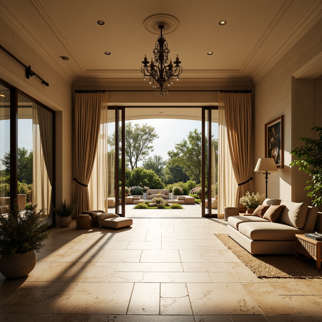 Prompt: Luxurious villa, grand entrance, high ceilings, floor-to-ceiling windows, sliding glass doors, natural stone floors, warm beige walls, soft creamy curtains, elegant chandeliers, lush greenery, blooming flowers, private gardens, serene outdoor spaces, morning sunlight, warm golden lighting, soft shadows, 1/1 composition, realistic textures, ambient occlusion.