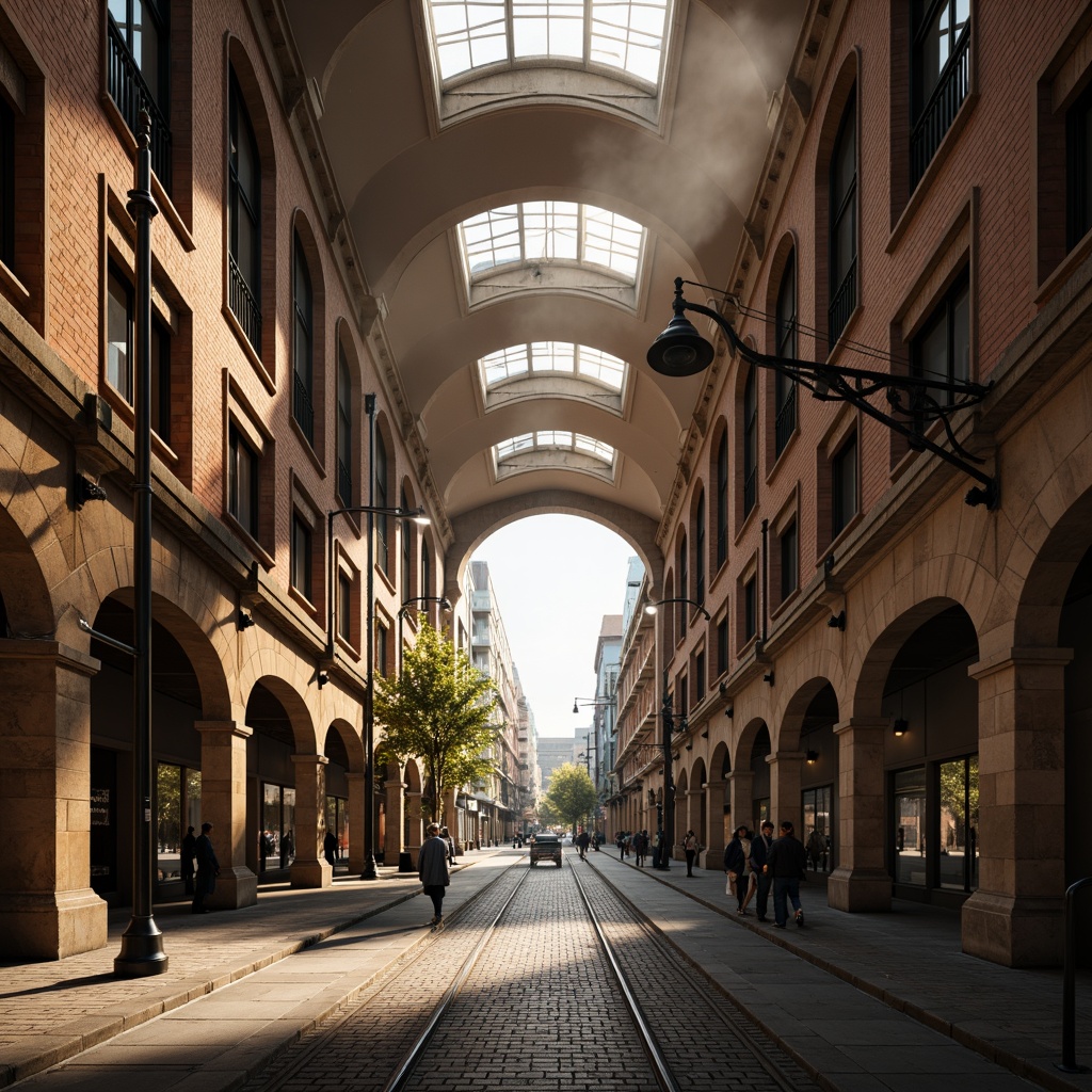 Prompt: Vaulted ceilings, grand archways, ornate columns, intricate stonework, rustic brick textures, warm earthy tones, tram tracks, modern transportation systems, bustling urban atmosphere, natural light pouring through skylights, dramatic shadows, atmospheric fog effects, soft warm lighting, 1/1 composition, realistic architectural details, ambient occlusion.