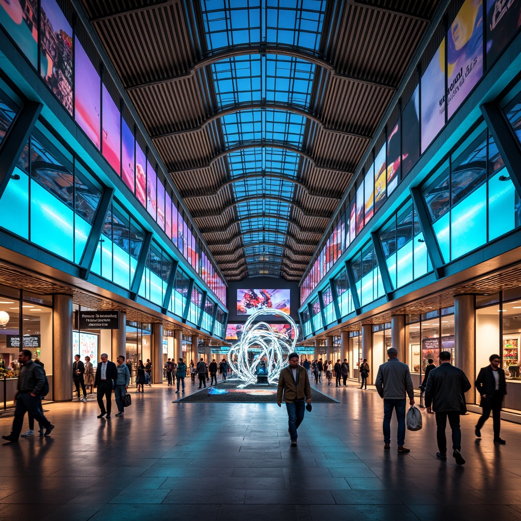 Prompt: Vibrant airport terminal, dynamic curves, bold angular lines, neon light installations, futuristic architecture, polished metal surfaces, glass ceilings, colorful LED displays, energetic atmosphere, bustling crowds, modern art sculptures, abstract geometric patterns, bright turquoise accents, deep indigo tones, warm golden lighting, shallow depth of field, 1/2 composition, symmetrical framing, high contrast ratio, realistic reflections.