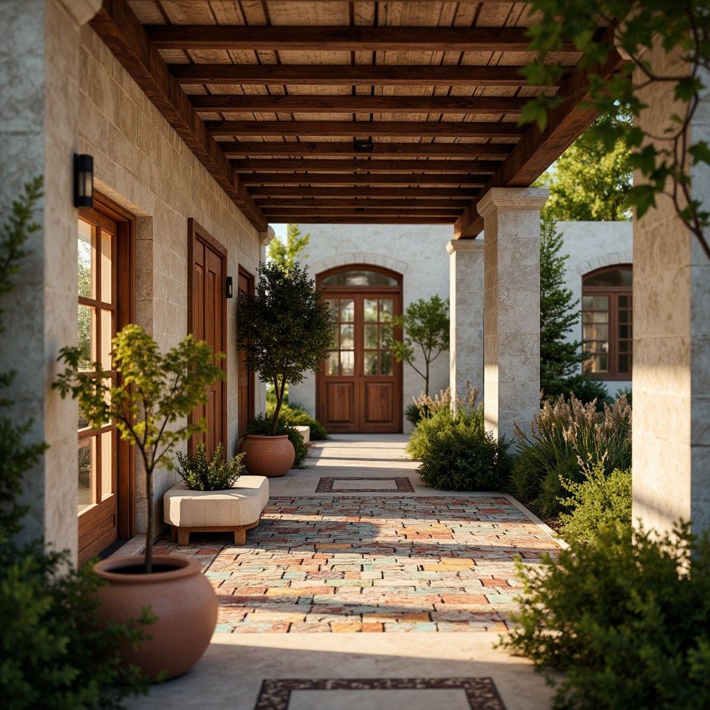 Prompt: Weathered stone walls, rustic wooden accents, ornate metal details, distressed concrete finishes, vibrant colorful tiles, intricate mosaics, natural linen fabrics, earthy terracotta pots, lush greenery, warm golden lighting, shallow depth of field, 1/2 composition, realistic textures, ambient occlusion.