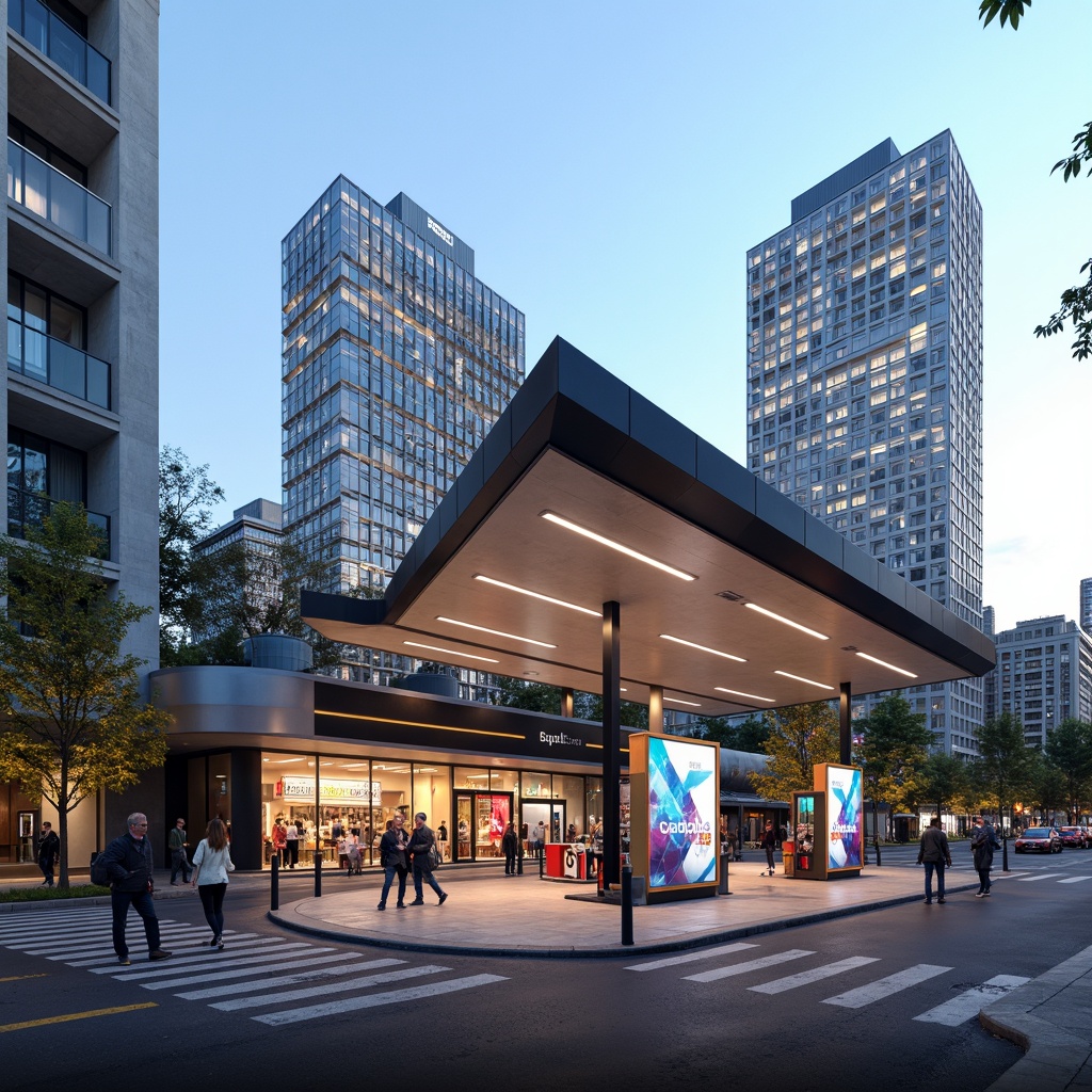 Prompt: Modern gas station, sleek metal canopy, cantilevered roofline, angular lines, minimalist design, neon LED lighting, vibrant color scheme, reflective glass surfaces, geometric patterns, futuristic aesthetic, urban cityscape, busy streets, morning rush hour, warm sunny day, shallow depth of field, 1/1 composition, realistic textures, ambient occlusion.