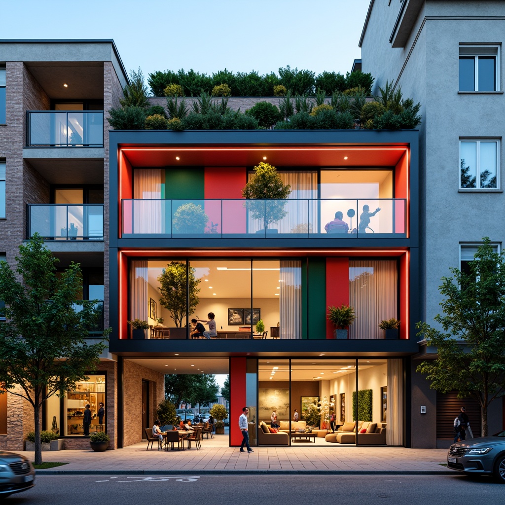 Prompt: Vibrant residential facade, bold color blocking, geometric patterned balconies, lush green walls, modern minimalist architecture, large floor-to-ceiling windows, sliding glass doors, warm LED lighting, cozy outdoor seating areas, natural stone cladding, wooden accents, urban context, bustling streets, eclectic neighborhood vibe, playful street art, trendy cafes, boutique shops, pedestrian-friendly sidewalks, soft evening ambiance, shallow depth of field, 2/3 composition, realistic textures.