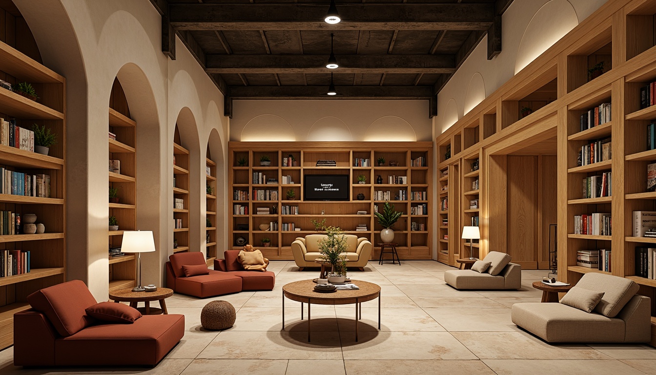 Prompt: Cozy library interior, wooden bookshelves, comfortable reading nooks, natural stone flooring, warm beige walls, elegant arches, minimalist decor, plush armchairs, floor lamps, soft warm lighting, 1/1 composition, shallow depth of field, realistic textures, ambient occlusion, modern structuralism architecture, open spaces, high ceilings, industrial metal beams, concrete columns, functional layout, efficient circulation paths, quiet atmosphere, studious ambiance.