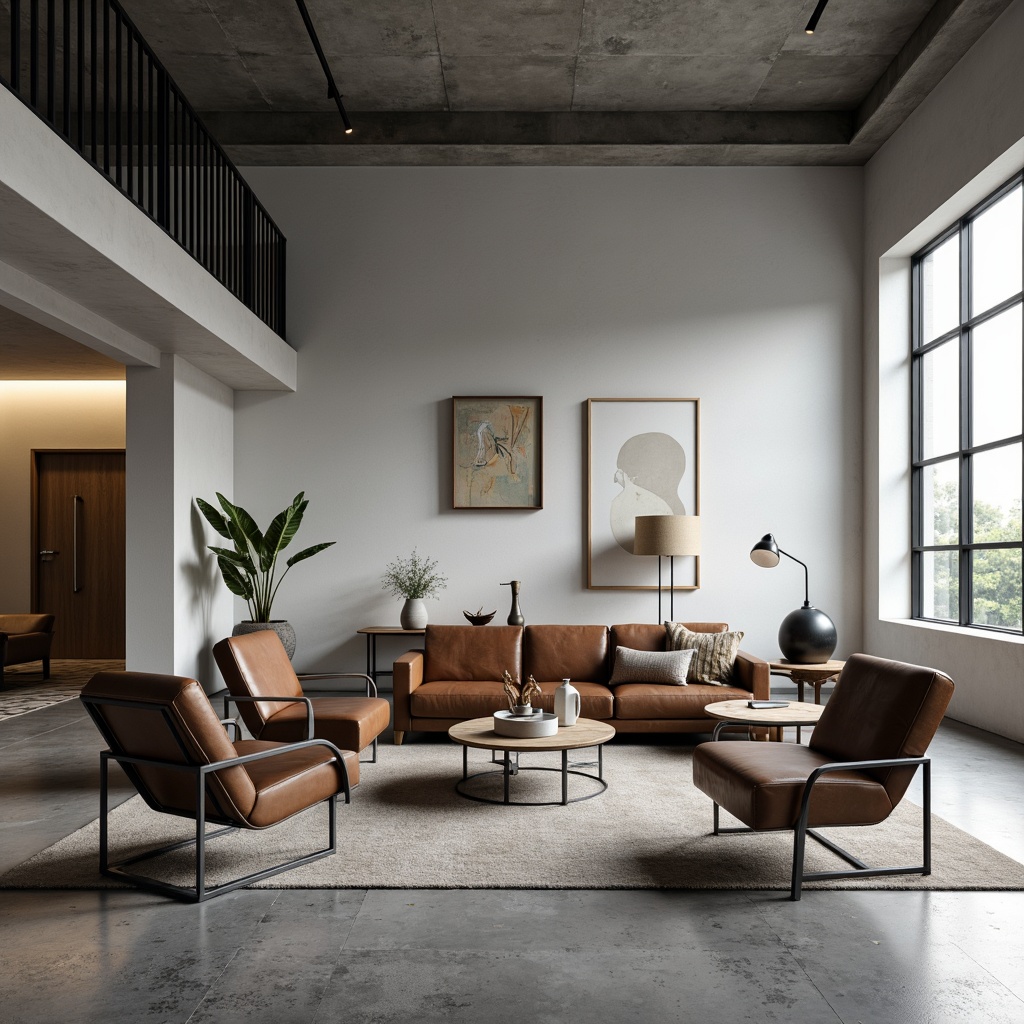 Prompt: Geometric-shaped chairs, tubular steel frames, leather upholstery, minimalist coffee tables, industrial-style lamps, abstract art pieces, monochromatic color scheme, concrete floors, modernist architecture, functional design, open-plan living space, natural light pouring in, shallow depth of field, 1/1 composition, realistic textures, ambient occlusion.