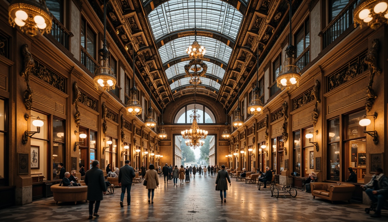 Prompt: Grand tram station, ornate metalwork, intricate mosaics, vintage chandeliers, curved archways, stately columns, luxurious marble floors, bronze statues, stained glass ceilings, lavish furnishings, warm golden lighting, shallow depth of field, 1/2 composition, realistic textures, ambient occlusion, busy urban atmosphere, morning commute, soft focus effect.