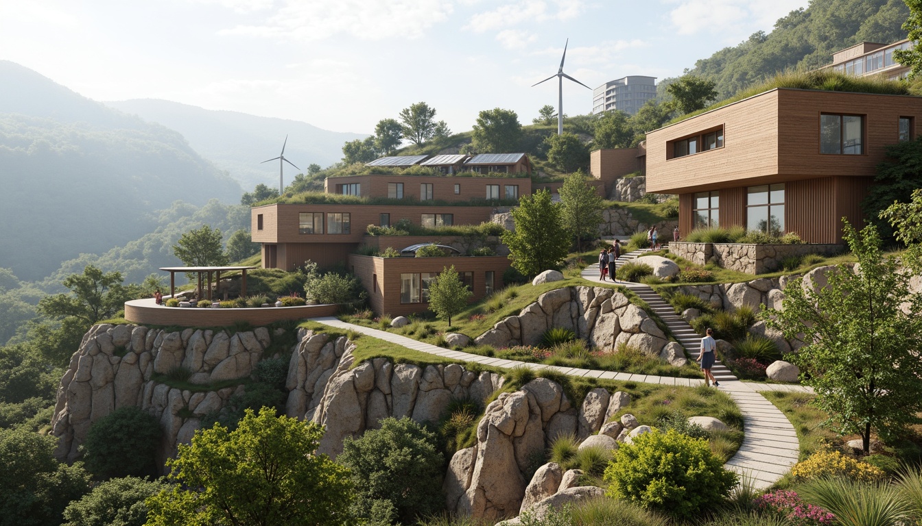 Prompt: Hillside location, natural slope, green roofs, rainwater harvesting systems, solar panels, wind turbines, organic gardens, native plant species, meandering walkways, recycled materials, low-carbon footprint, passive ventilation systems, clerestory windows, overhanging eaves, earthy color palette, rough-hewn stone walls, wooden accents, cantilevered structures, panoramic views, 1/2 composition, soft natural lighting, ambient occlusion, realistic textures.