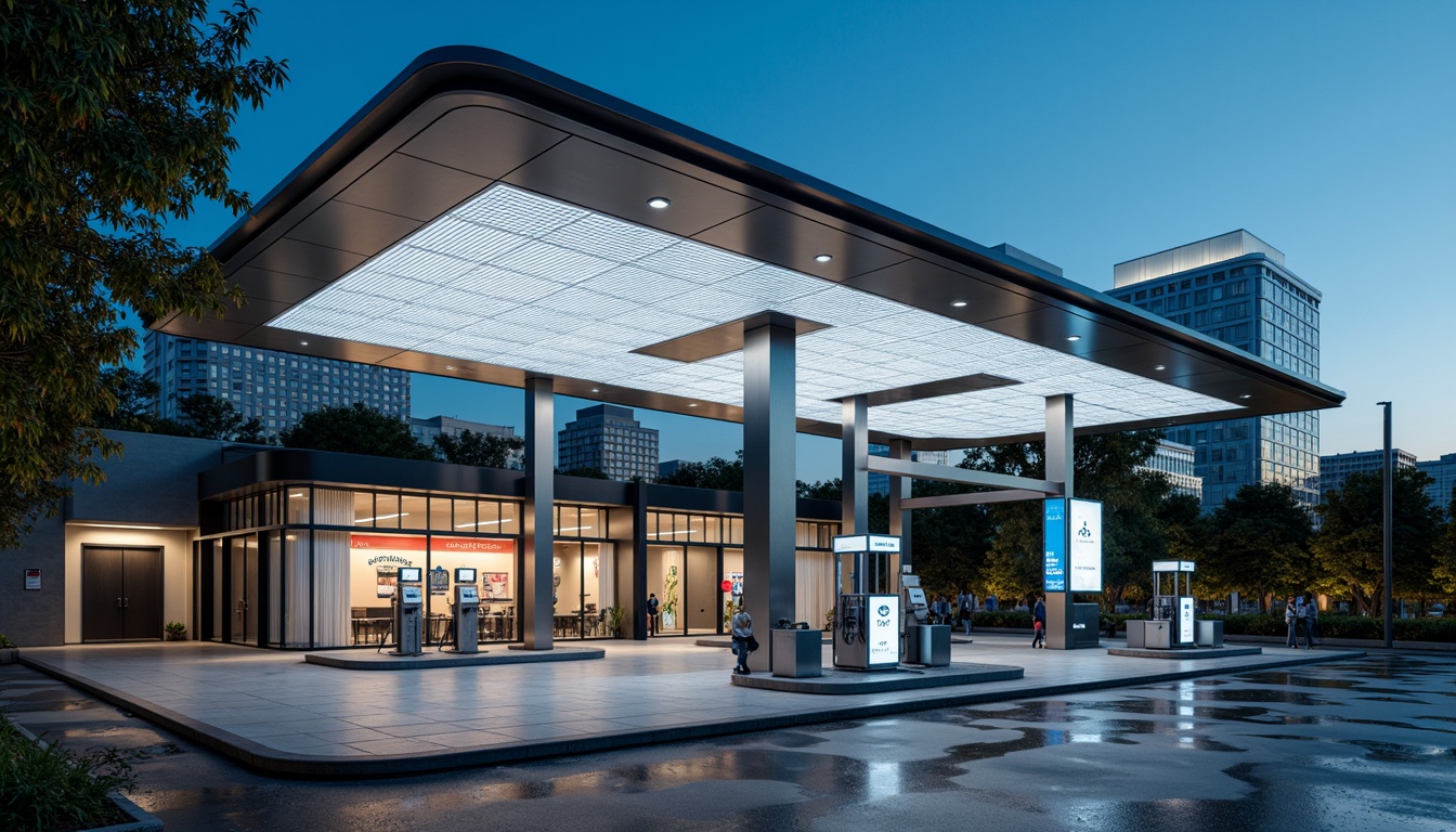 Prompt: Futuristic gas station, sleek metal canopy, gleaming LED lights, transparent glass walls, modern minimalist design, industrial chic aesthetic, polished concrete floors, stainless steel fuel pumps, metallic pipes, neon signage, urban cityscape, evening twilight, soft warm lighting, shallow depth of field, 1/2 composition, realistic textures, ambient occlusion.