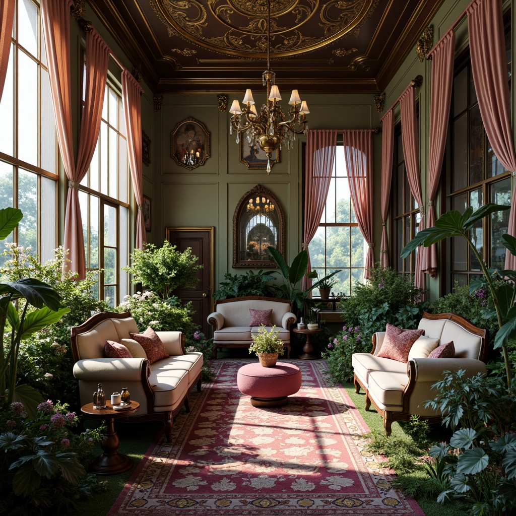 Prompt: Luxuriant botanicals, flowing organic lines, ornate metalwork, iridescent jewel tones, rich wood textures, velvet drapes, antique furniture, warm golden lighting, soft misty atmosphere, impressionist brushstrokes, whimsical florals, delicate filigree patterns, intricate moldings, dreamy pastel hues, majestic peacock blues, emerald greens, amethyst purples, copper accents, ornate typography, curved feminine silhouettes, Art Deco influences, vintage elegance.