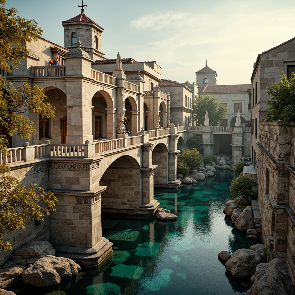 Prompt: Ancient stone bridges, Byzantine architectural style, ornate arches, intricately carved stonework, rustic stone walls, weathered granite surfaces, majestic bridge towers, imposing piers, elegant balustrades, ornamental railings, vibrant turquoise accents, golden lighting, warm afternoon sun, soft misty atmosphere, 1/2 composition, dramatic shadows, realistic stone textures, ambient occlusion.