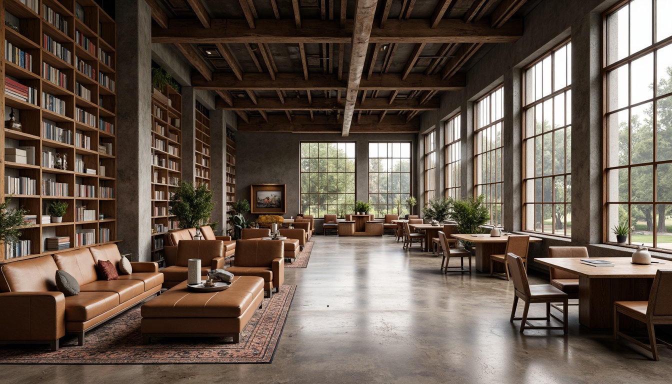 Prompt: Rustic wooden bookshelves, polished concrete floors, industrial steel beams, minimalist reading areas, cozy study nooks, natural stone walls, floor-to-ceiling windows, warm ambient lighting, rich leather armchairs, vintage wooden tables, eclectic decorative objects, abstract geometric patterns, earthy color palette, organic textures, 1/1 composition, soft focus, shallow depth of field, realistic rendering.