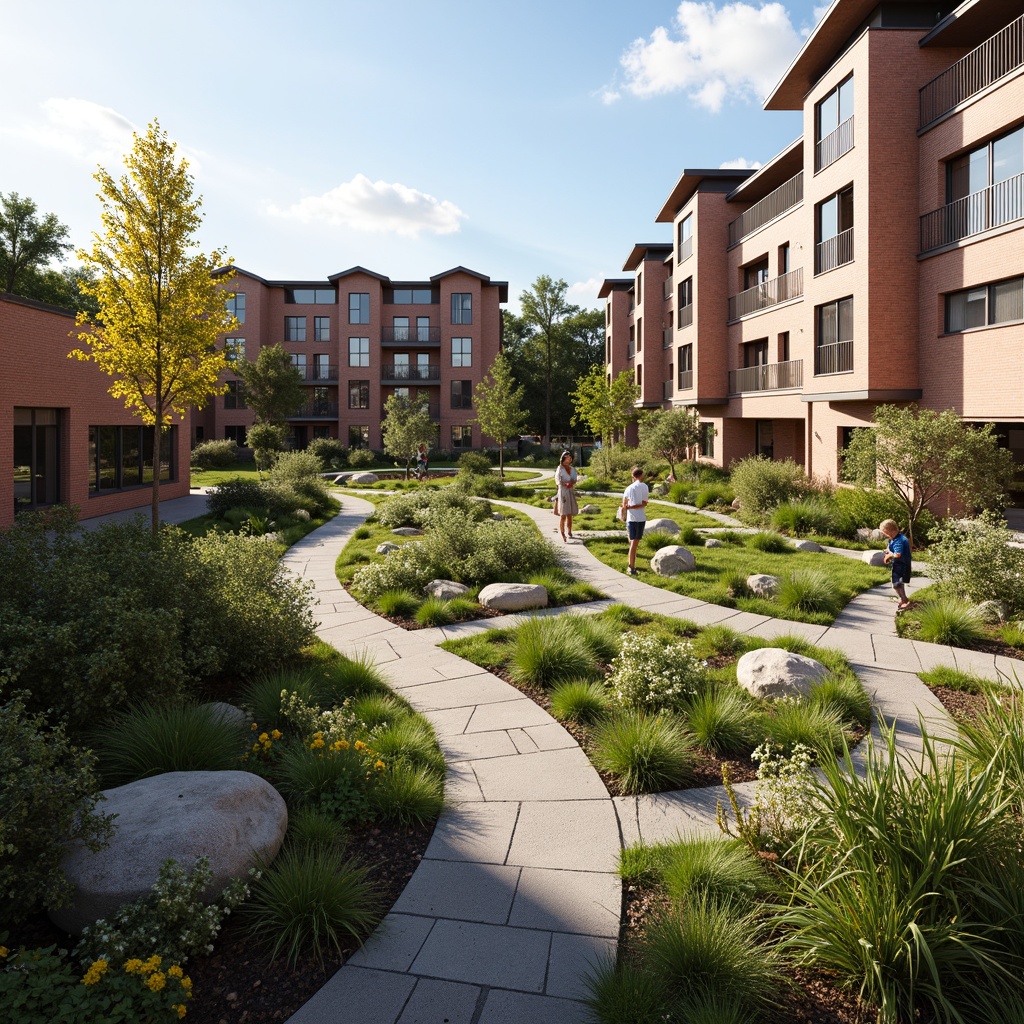 Prompt: Vibrant university campus, harmonious landscape integration, lush green roofs, native plant species, meandering walkways, natural stone paving, modern vernacular architecture, brick buildings with cantilevered roofs, large windows, glass doors, warm wooden accents, cozy outdoor seating areas, sunny day, soft warm lighting, shallow depth of field, 3/4 composition, panoramic view, realistic textures, ambient occlusion.